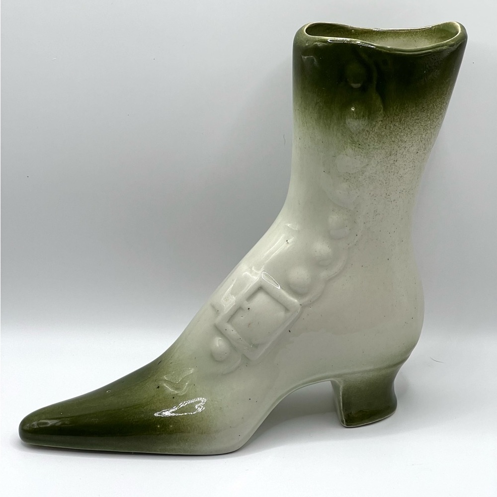 Victorian Style Ceramic Boot Green/White Planter Pottery Decorative Vase 7.5"